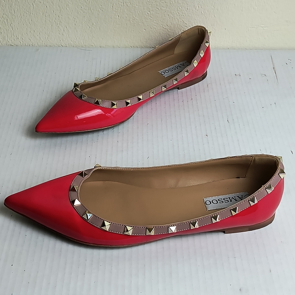 Camssoo Classic Rivets Pointy Toe Red Studded Slip On  Flats Shoes Women 11/43